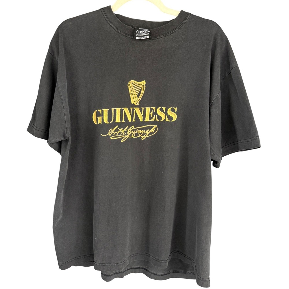 Vintage Guinness T Shirt Mens XL Black Gold Embroidered Harp Logo Cotton Tee
